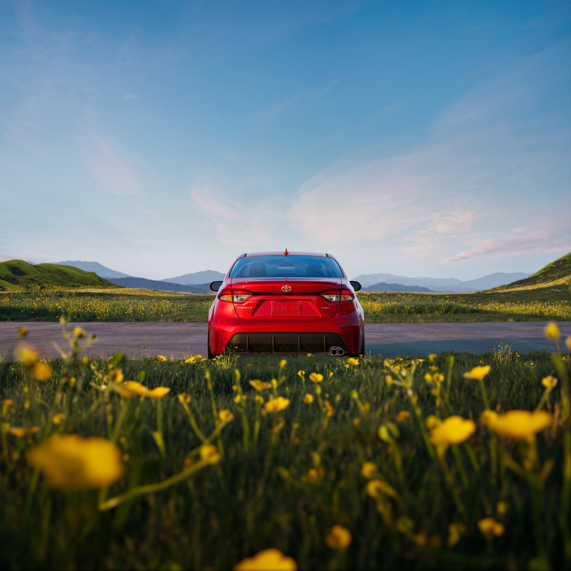 Rear view of a red Toyota Corolla sedan on a country road